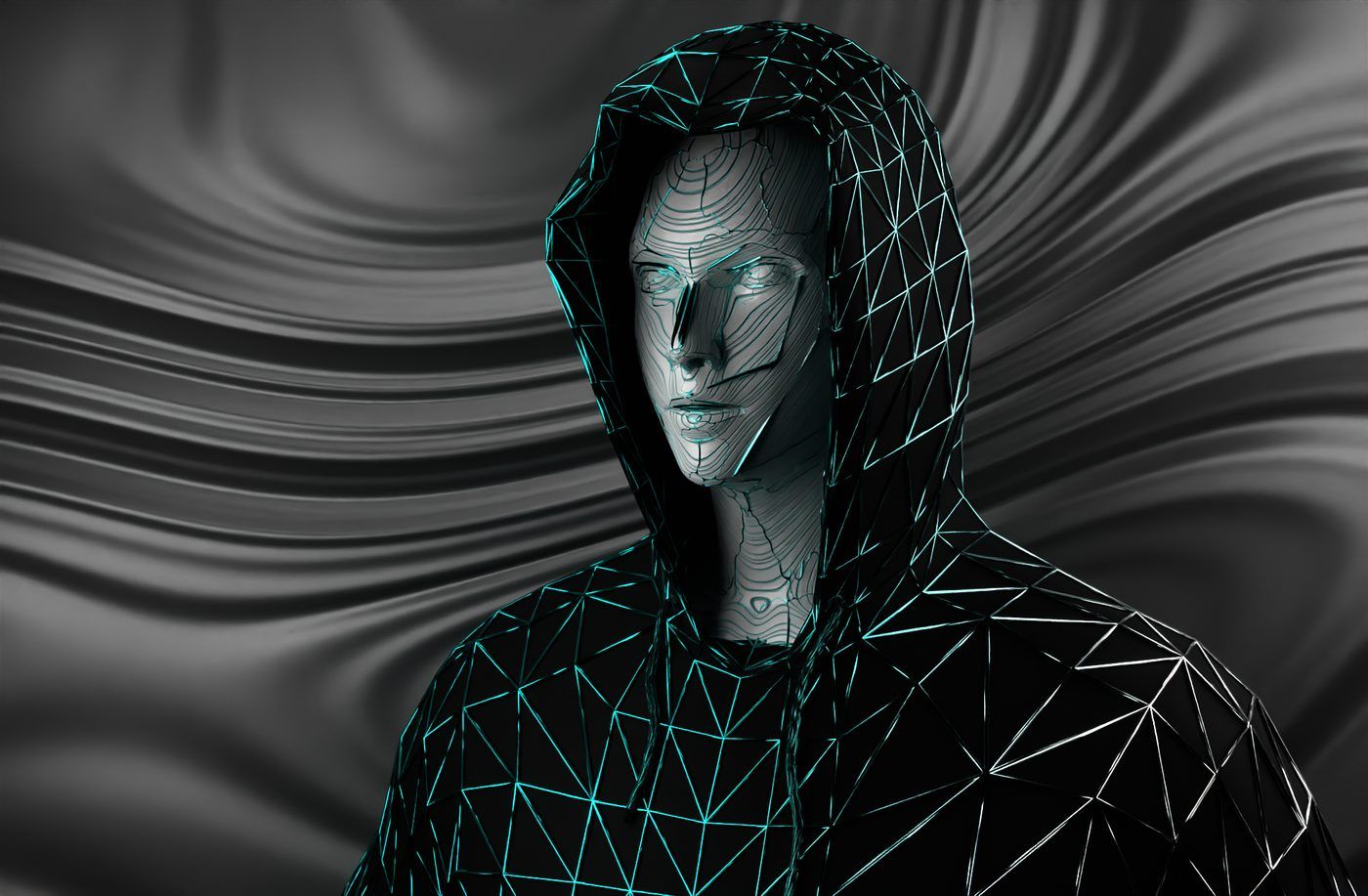 3D vizualizace postavy v kapuci s neonovou sítí