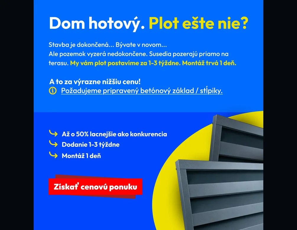 Reklamní banner Falcro s tmavými lamelovými ploty, dodáním za 1–3 týdny a tlačítkem pro cenovou nabídku