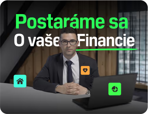 Finanční poradce v obleku s brýlemi sedí u notebooku před dřevěnou stěnou, grafika o financích a zdraví