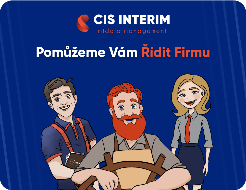 Reklamní grafika interim managementu se třemi kreslenými postavami u kormidla na modrém pozadí