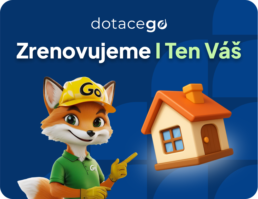 Reklamní grafika dotačního poradce s liškou maskotem a domkem na modrém pozadí