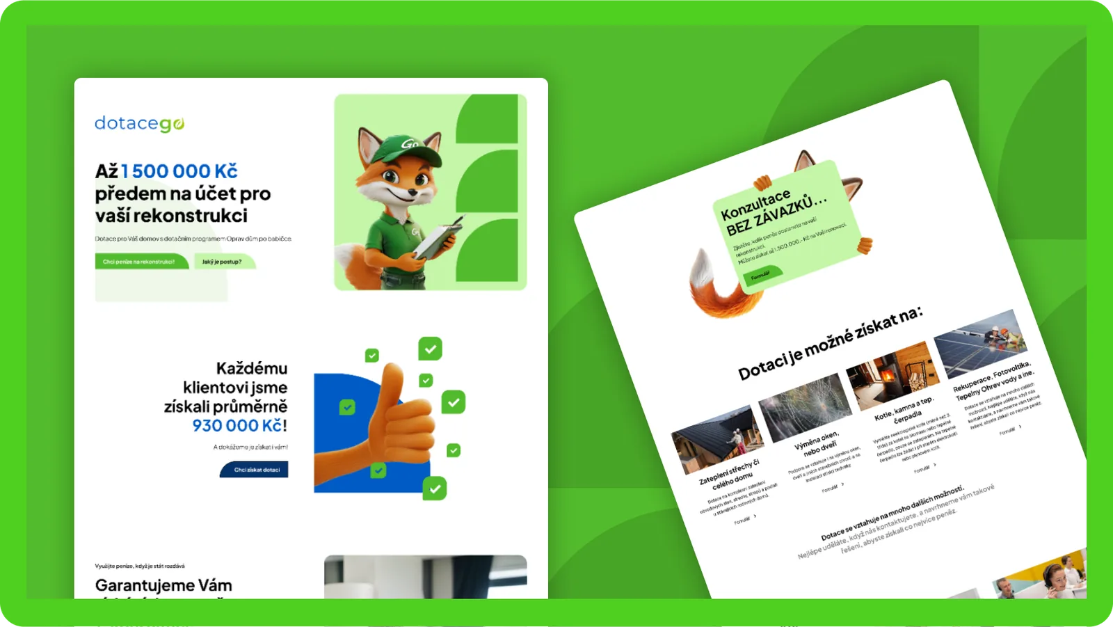 Náhled landing page, reklamní plachta a návrhy maskota lišky, Dotační sektor, DotaceGo, obrázek 1
