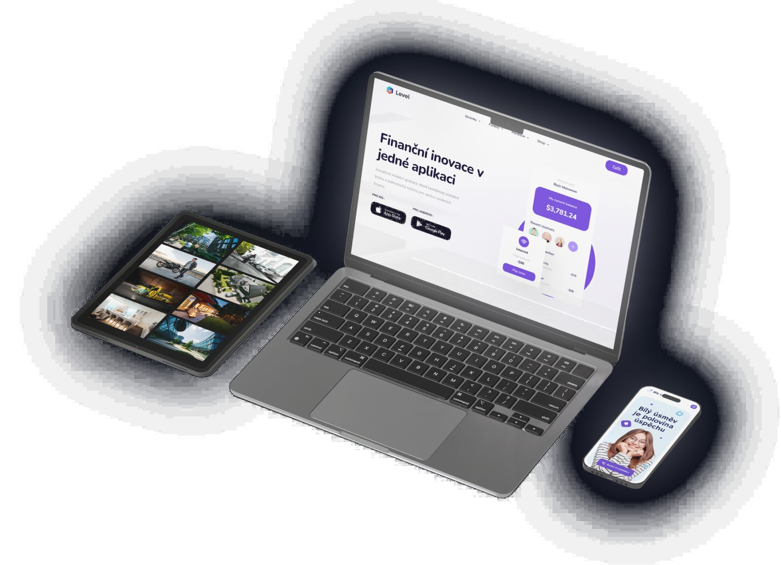 Notebook, tablet a telefon s ukázkami webu, fotografií a grafiky