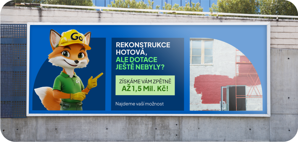 Reklamní grafika a billboard s maskotem lišky pro dotace na rekonstrukce, Dotační sektor, DotaceGo, obrázek 2